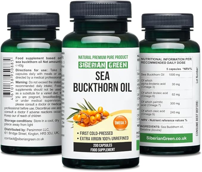 Siberian Sea Buckthorn Oil Capsules 200 Softgels | from Wild-harvested Siberian Sea Buckthorn Berries | Oil Cold Pressed Unrefined Gluten Free Non-GMO Premium Omega 7