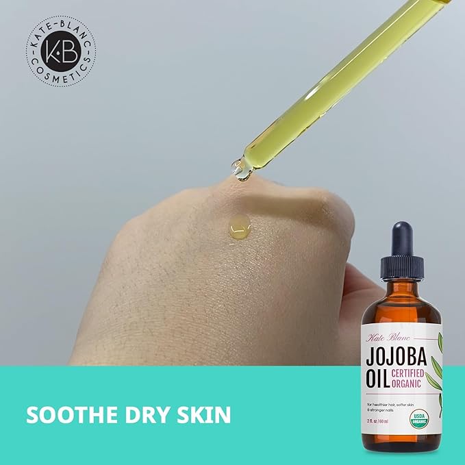 Kate Blanc Cosmetics Organic Jojoba Oil for Hair, Skin & Face (2oz, 100% Pure, Cold Pressed, Natural). Gua Sha Oil for Face & Dermaplaning (Pack of 2)