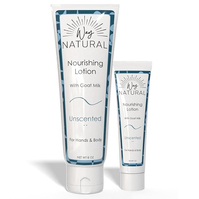 Nourishing Goat Milk Lotion, Fragrance-Free - Home & Away Set, Natural Hand & Body Unscented Lotion for Dry Skin Relief - Goat Milk Hand Cream for Women & Men - 8oz & 2oz Travel Size Tube