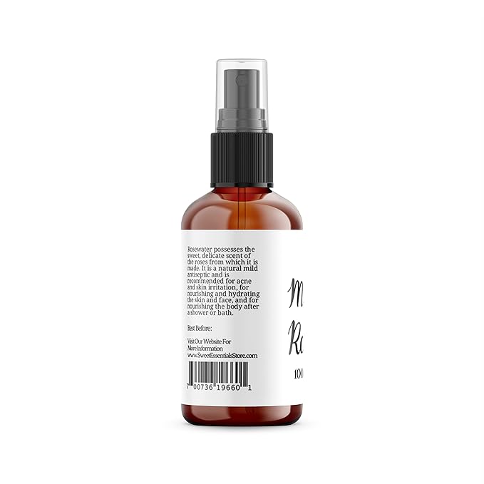 Premium Organic Moroccan Rose Water - 4oz Glass Bottle - Imported From Morocco - 100% Pure (Food Grade) Perfect for Reviving, Hydrating and Rejuvenating Your Face and Neck - By Sweet Essentials