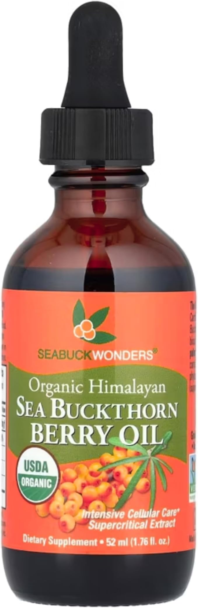 SeabuckWonders Organic Sea Buckthorn Berry Oil, 1.76 Fl Oz, 52 Servings, with Omega 3,6,7,9, Used Topically & Orally, Supports Hair, Skin & Nail Health