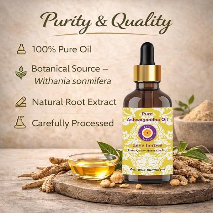 dève herbes Ashwagandha Oil (Withania somnifera) with Glass Dropper | Infused | Pure | Non-Sticky | Lightweight | for Facial Care | Men & Women | 30ml (1 oz)