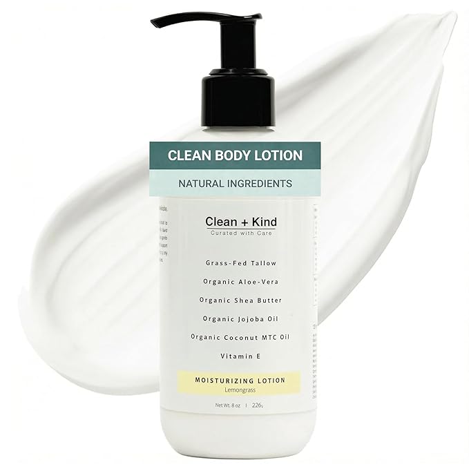 Daily Moisturizing Lotion – Tallow Body Lotion with Aloe Vera, Shea Butter, Jojoba Oil, MCT Oil & Vitamin E – Deep Hydration for Dry, Rough, Sensitive Skin (8 oz, Lemongrass)