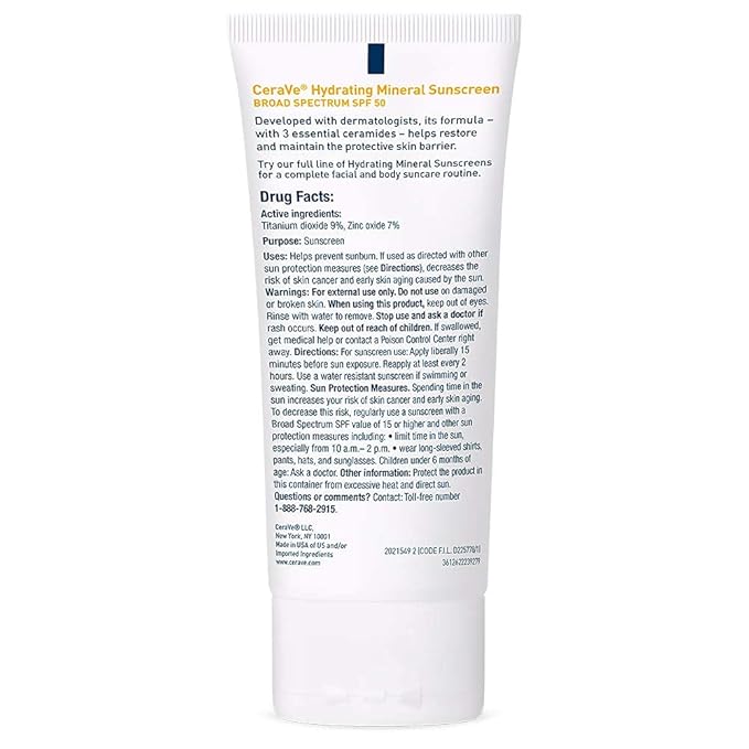 CeraVe 100% Mineral Sunscreen SPF 50, Face sunscreen With Zinc Oxide & Titanium Dioxide, Hyaluronic Acid + Niacinamide + Ceramides, Oil Free, Travel Size 2.5 oz