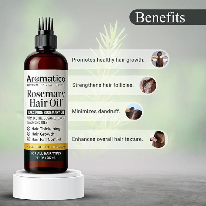Aromatico 100% Pure Rosemary Oil for Hair Growth, Hair-fall Control & Hair Thickening. Enriched with Sesame, Jojoba & Almond Oils. Non-Sticky Texture. With Applicator Cap - 7 Fl Oz