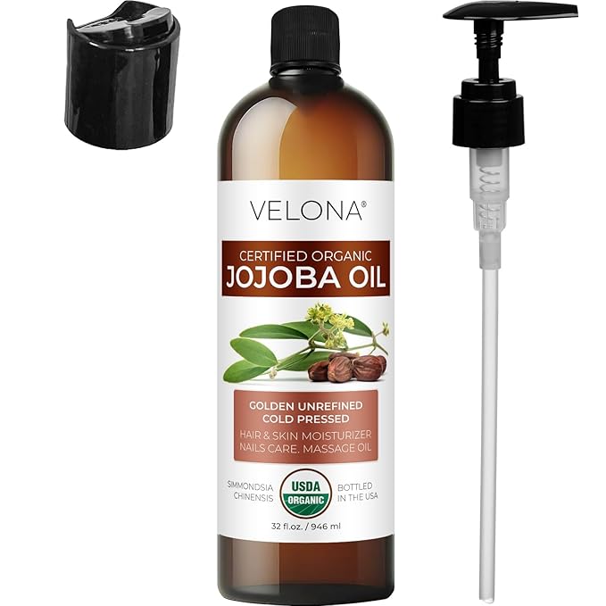 velona Jojoba Oil USDA Certified Organic - 32 fl oz (With Pump) | 100% Pure and Natural | Golden, Unrefined, Cold Pressed, Hexane Free | Moisturizing Face, Hair, Body, Skin Care