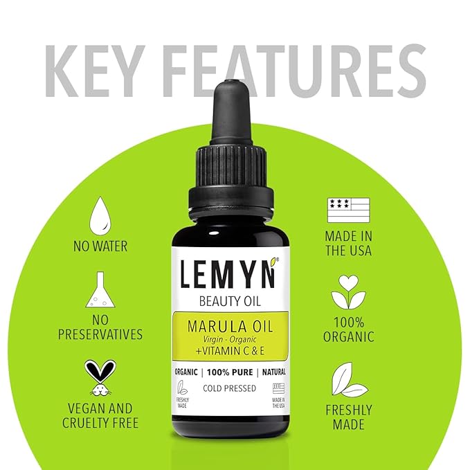 Lemyn Organics Virgin Marula Face Oil | Supercharged with Vitamin C & E | Freshly Made | Intense Hydration & Radiance Boost | Anti-Aging Skin Care and Face Moisturizer | Organic – Vegan – Cruelty-Free