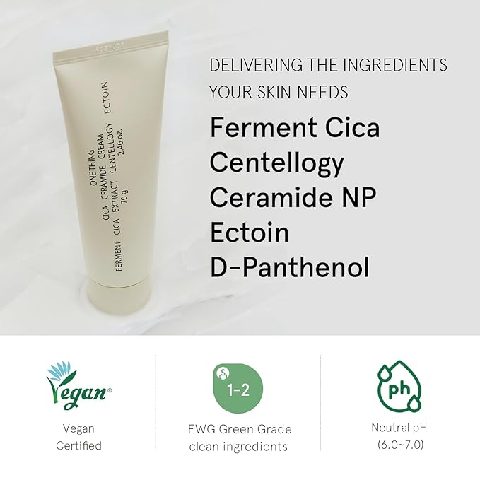 ONE THING Cica Ceramide Cream 2.47 Oz | Centella Asiatica Soothing Calming Hydrating Facial Moisturizer for All, Dry Combination Sensitive Skin, Barrier Repair Strengthening | Vegan Korean Skincare