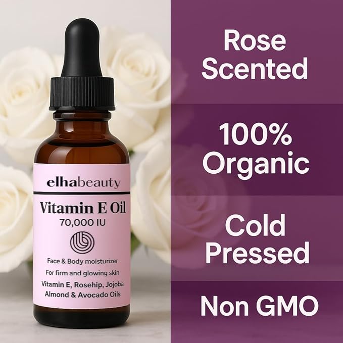 Vitamin E Rose Oil with Organic Rosehip, Avocado, Jojoba, Argan and Almond Oils, Face and Body Moisturizer for a Firm and Healthy Skin, 3.88 fl oz