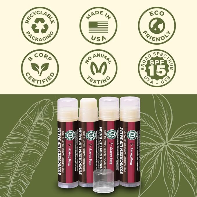 Earth's Daughter SPF Lip Balm Cherry Flavor 4-Pack - Lip Sunscreen, SPF 15, Organic Ingredients, Beeswax, Coconut Oil, Vitamin E - Hypoallergenic, Paraben Free, Gluten Free