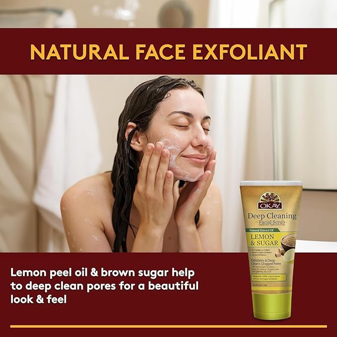 OKAY Oil Control Facial Scrub Exfoliator - Exfoliating Face Wash, Face Scrub for Women and Men, Moisturizing and Brightening, Leaves Skin Smooth and Clean, Paraben Free - Lemon, 6 Oz (Pack of 1)