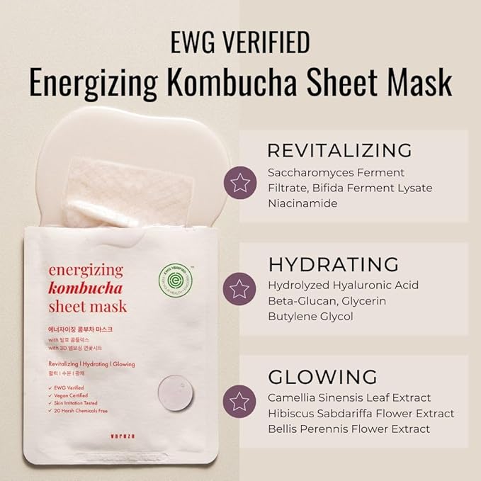 EWG Verified Kombucha Sheet Mask Lyocell 3D Snow Crystal Sheet Fermented Bifida 20 Harsh Chemicals Free Clean & Radiant Skin 5 Count