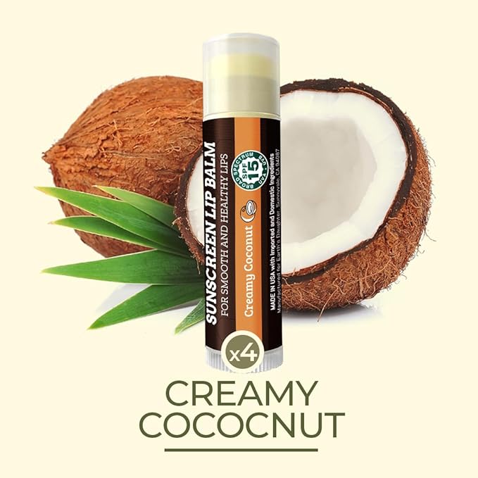 Earth's Daughter SPF Coconut Lip Balm 4-Pack - Lip Sunscreen, SPF 15, Organic Ingredients, Beeswax, Coconut Oil, Vitamin E - Hypoallergenic, Paraben Free, Gluten Free, New
