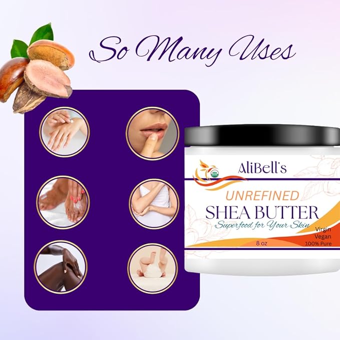AliBell's Essentials - Shea Butter Cream - 8 oz Jar - Organic Shea Butter Raw Unrefined - Moisturizer for Dry Skin and Hair |Restores Skin Elasticity and Promotes Collagen Production