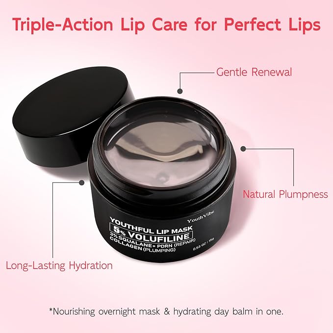 YouthVibe Lip Mask Overnight Moisturizing - Nourish & Hydrate, Antioxidants, 5% Volufiline, Vitamin E, Shea Butter, PDRN & Collagen Sleeping Lip Treatment for Dry, Chapped Lips, Pack of 2