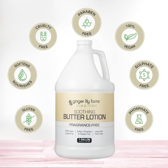 Ginger Lily Farms Club & Fitness Soothing Butter Lotion for Dry Skin, 100% Vegan & Cruelty-Free, Fragrance Free, 1 Gallon (Pack of 4)