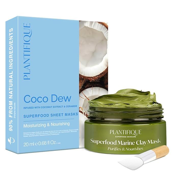 PLANTIFIQUE Facial Sheet Mask Coco Dew 5 Pack – Moisturizing Face Mask with Coconut and Korean Skincare Clay Mask – Hydrating Mud Mask with Avocado & Superfoods
