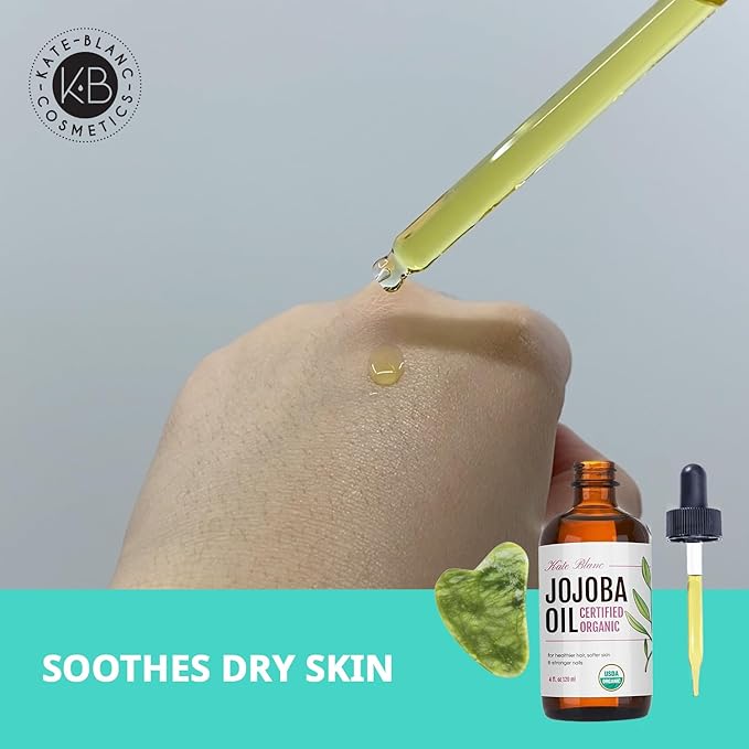 Kate Blanc Cosmetics Jojoba Oil for Hair, Skin & Face with Gua Sha Stone Kit. Gua Sha Oil for Face Massage (4oz, Organic, 100% Pure, Natural)