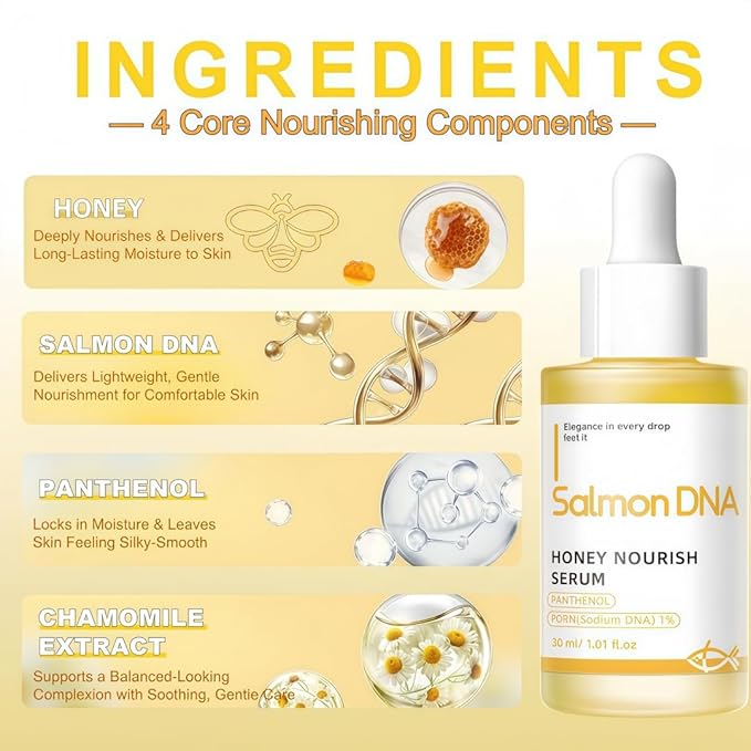Salmon DNA PDRN Honey Nourishing Serum 30ml, Hydrating Soothing Face Serum with Panthenol, Korean Skin Care for Sensitive Blemish-Prone Skin, Calms The Look of Redness