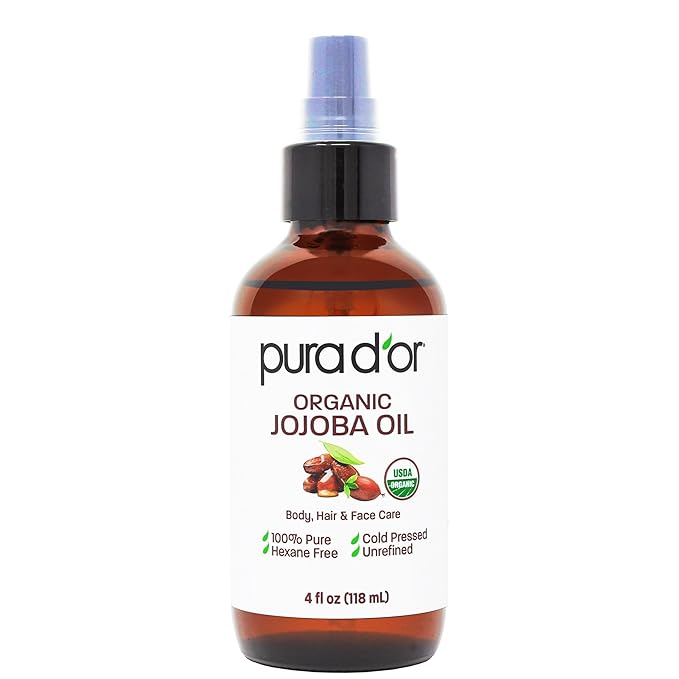 PURA D'OR 4 Oz Organic Jojoba Oil - USDA Certified - 100% Pure & Natural Moisturizer - Cold Pressed, Unrefined, Hexane Free Base Carrier Oil For DIY Skin Care, Hair, Body, Hair Relaxer, Face & Nails