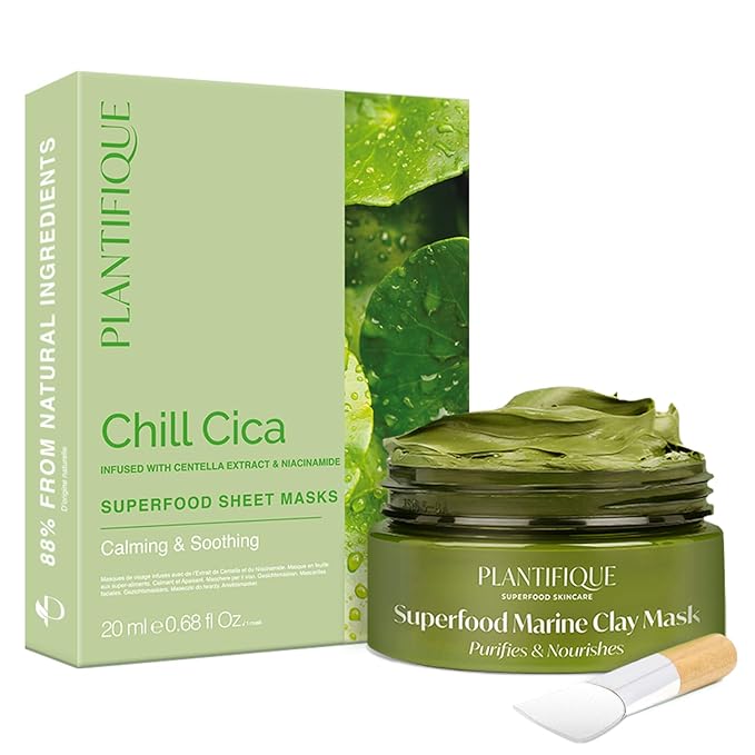 PLANTIFIQUE Facial Sheet Mask Chill Cica 5 Pack – Calming & Soothing and Korean Skincare Clay Mask – Hydrating Mud Mask with Avocado & Superfoods