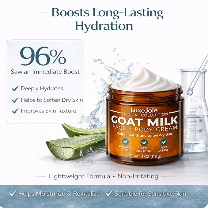LuxeJoie Goat Milk Face Cream Fragrance Free Moisturizer for Dry & Sensitive Skin Fast Absorbing Non Greasy Hydration Gentle Goat Milk Face & Body Lotion with Shea Butter 16 oz