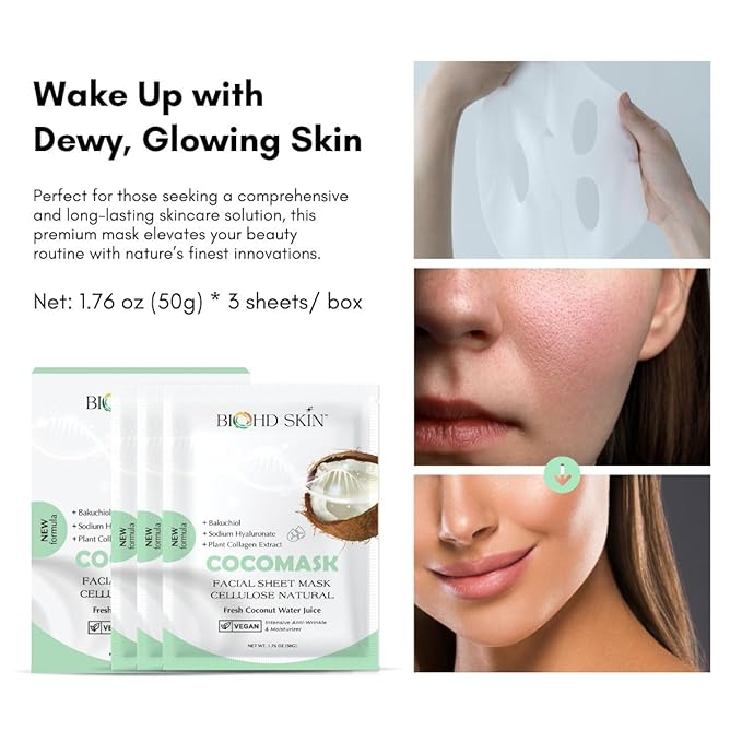 Premium Coconut Bakuchiol Facial Sheet Mask – Plant-Based Retinol Alternative – Hydrating & Anti-Aging True Cellular Mask – 3 Sheets/Box