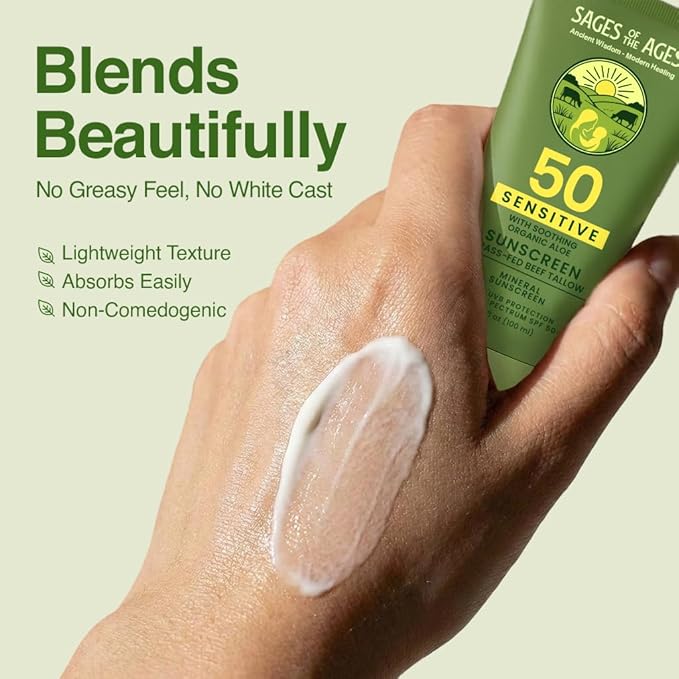 Organic Tallow Mineral Sunscreen SPF 50 with Non-Nano Zinc Oxide — Reef Safe UVA/UVB Broad Spectrum Sunblock, Water Resistant 80 Min, Moisturizing Lotion for Face & Body, 3.4 fl oz