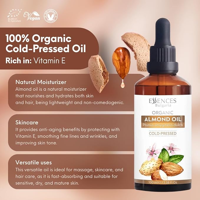 Essences Bulgaria Organic Almond Oil 3.4 Fl Oz | 100ml | 100% Natural Cold-Pressed | Therapeutic Quality | Family Owned Farm | Massage Base | Natural Moisturizer | Ideal Carrier