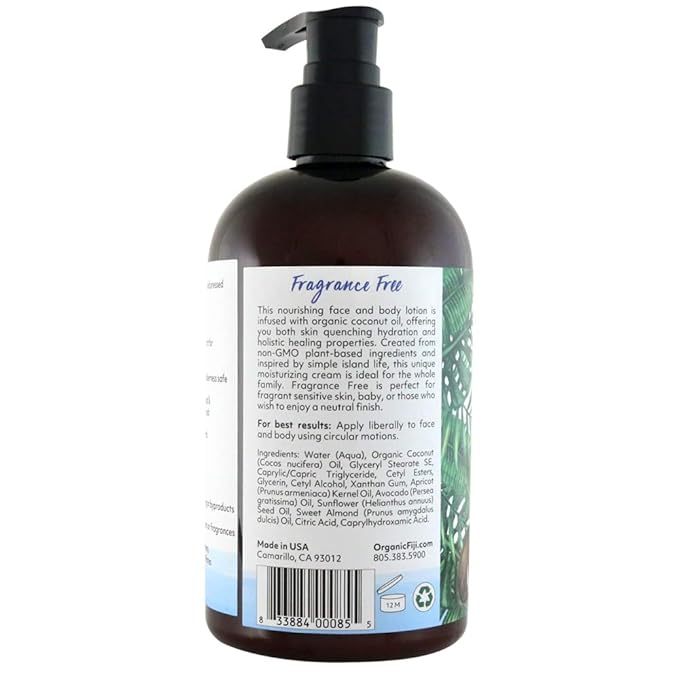 Coco Fiji Face & Body Lotion Infused With Coconut Oil | Lotion for Dry Skin | Moisturizer Face Cream & Massage Lotion for Women & Men | Fragrance Free 12 oz, Pack of 1