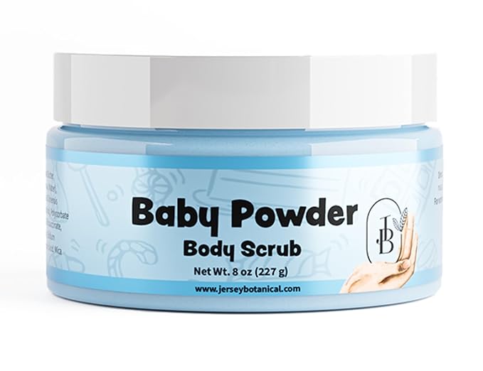 Jersey Botanical Shea Sugar Body Scrub – Exfoliating, Hydrating & Moisturizing Skin Care with Shea Butter, Smooth & Soften Skin, 8 oz (Baby Powder)