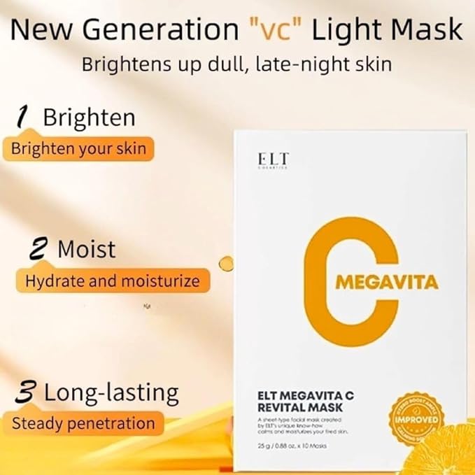 ELT Mega Vitamin C Sheet Mask 10Pack - Brightening, Hydrating, Wrinkle care - Korean Face Mask with Niacinamide, Vitamin C & Hyaluronic Acid - Vegan Skincare Made in Korea (25g/0.88 oz each)