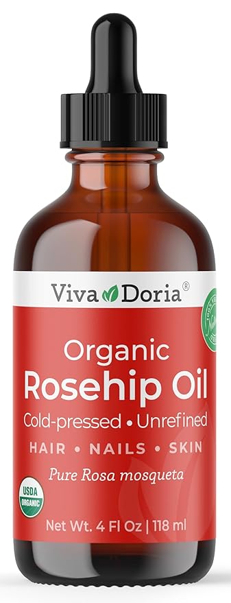 Viva Doria Organic Rosehip Oil, Unrefined, Cold-Pressed, 118 mL (4 Fl Oz) For Hair, Nails and Skin