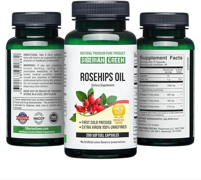 Siberian Green Rosehips Seed Oil Capsules 200 Softgels Wild Harvested Siberia Altai Cold Pressed Unrefined