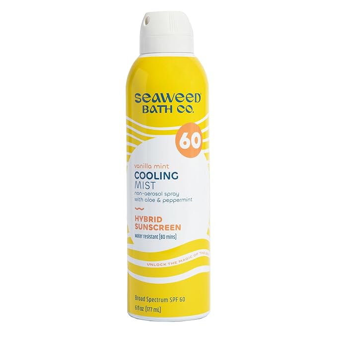 Seaweed Bath Co. Cooling Mist SPF 60 Sport Broad Spectrum Hybrid Sunscreen Spray, 6 Ounce, Sustainably Harvested Seaweed, Aloe, Peppermint