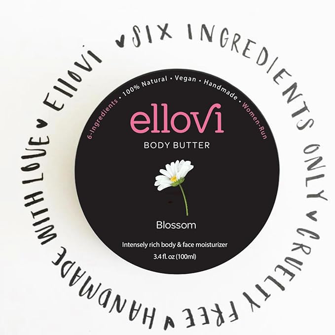 Ellovi All-Natural Body Butter - Blossom - Pure Enough to Eat - Made With Just 6 Vegan Ingredients - Ultra-Rich 100% Plant-Based Hydrating Moisturizer For Naturally Healthy Skin (3.4 fl. oz/100ml)