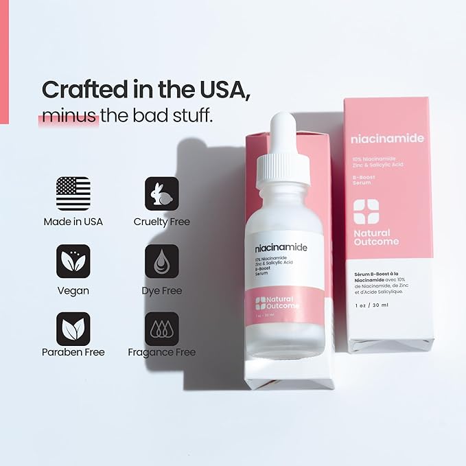 Niacinamide Serum for Face by Natural Outcome Skin Care, B-Boost Niacinamide 10% Plus Zinc 2% Salicylic Acid + Hyaluronic Acid, Acne Treatment + Pore Reducing Serum + Skin Balancing