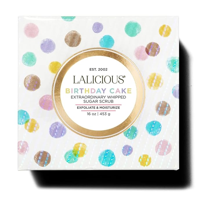 LALICIOUS Birthday Cake Shimmering Sugar Scrub for Body, Exfoliating Body Scrub, Moisturizing Body Exfoliator with Coconut Oil & Honey for Radiant Skin, Zero Greasy, No Parabens | TRAVEL SIZE (2oz)