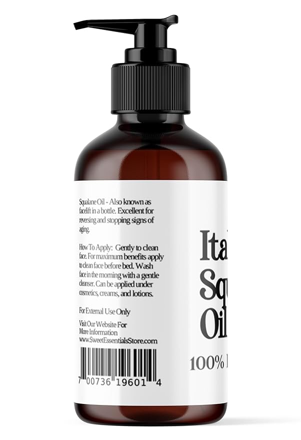 Sweet Essentials Italian Olive Squalane Oil, 8oz with Pump, Imported From Italy, 100% Pure Olive Derived, Vegan, Anti-Aging, Non-Greasy, For Face, Skin & Hair