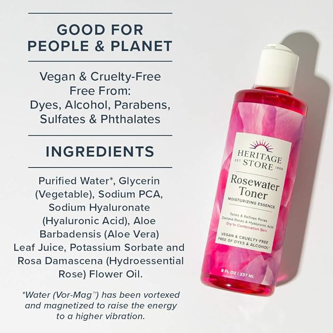 HERITAGE STORE Rosewater & Glycerin and Rosewater Toner | Deep Hydration Bundle for Dewy, Glowing Skin | Vegan | 8oz ea
