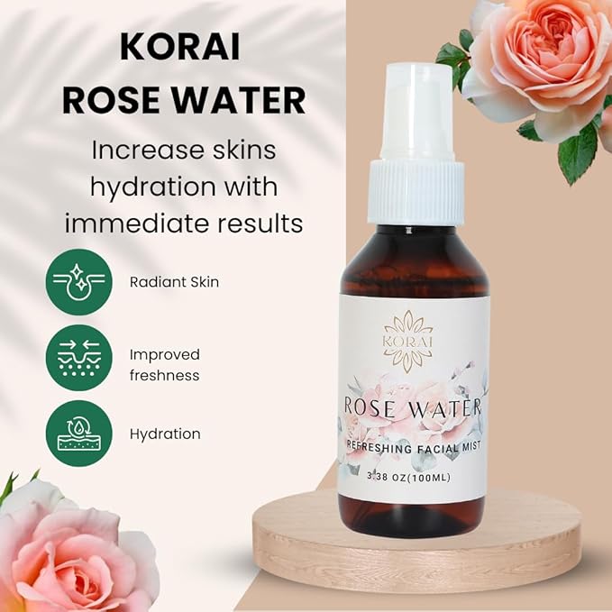 KORAI Facial Rose Water Spray 3.38oz (100 ml) 100% Natural Rose, All Skin Types for Face and Body, Made Without Dyes or Alcohol, Hypoallergenic, Vegan, Cruelty Free