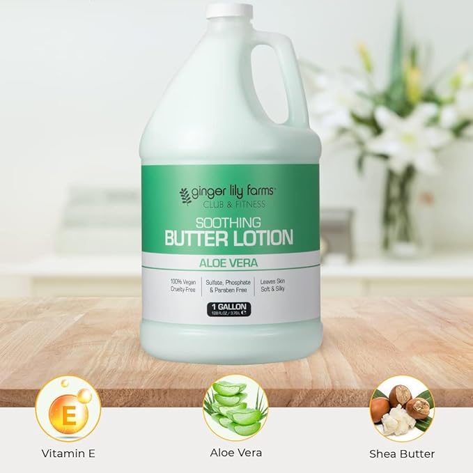 Ginger Lily Farms Club & Fitness Soothing Butter Lotion for Dry Skin, 100% Vegan & Cruelty-Free, Aloe Vera Scent, 1 Gallon (Pack of 4)