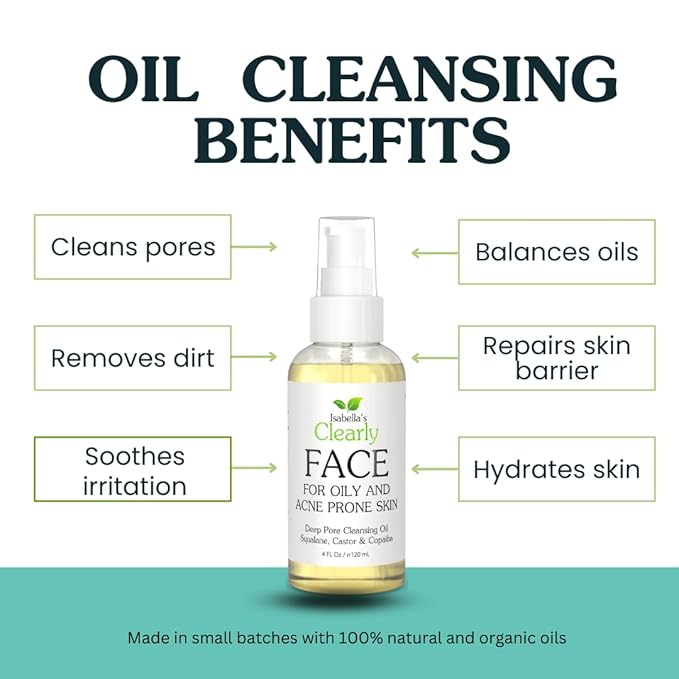 Isabella's Clearly FACE Balancing Cleansing Oil for Oily & Blemish-Prone Skin | Waterless Natural Facial Cleanser & Makeup Remover with Grapeseed & Vegan Squalane | Made in USA (4 Oz)