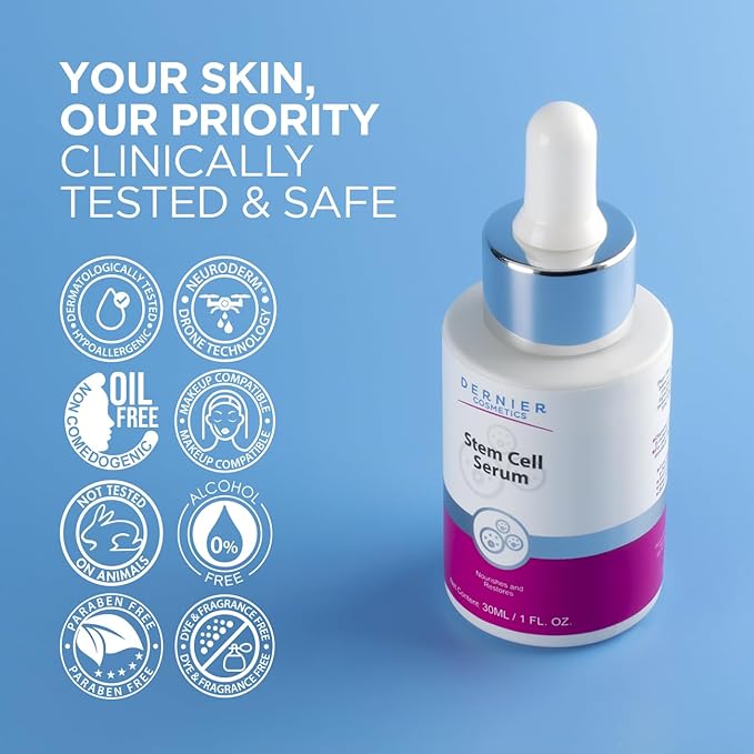 Dernier Stem Cell Face Serum – 3% Bio-Vegan Stem Cells, 1% Hyaluronic Acid, 0.3% Allantoin | Overnight Hydrating Serum for Smoother-Looking Skin & Youthful Appearance (1 fl oz)