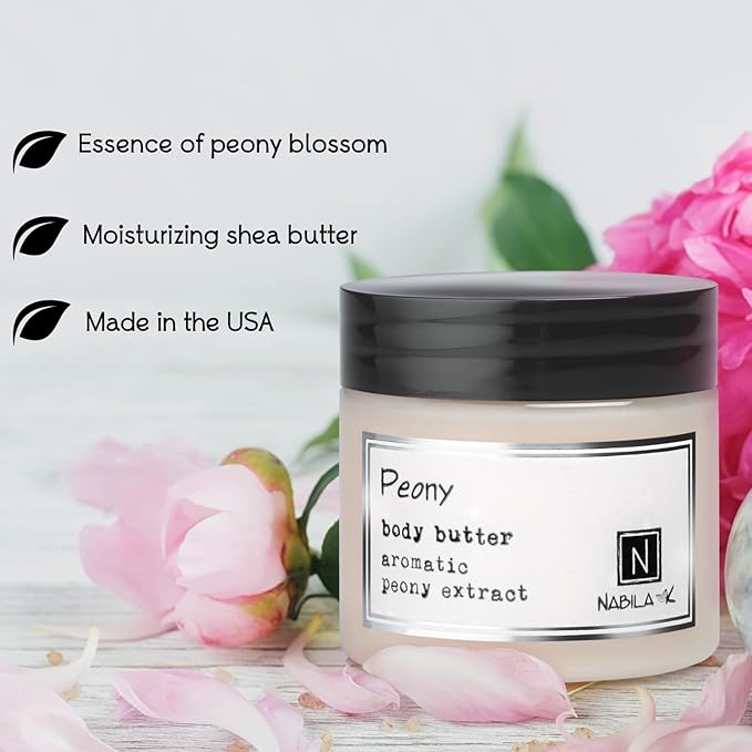 Nabila K Body Butter - Daily Moisturizer for Body Care - Skin Hydrating Deep Moisturizing - Natural Ingredients - Peony - 2 oz