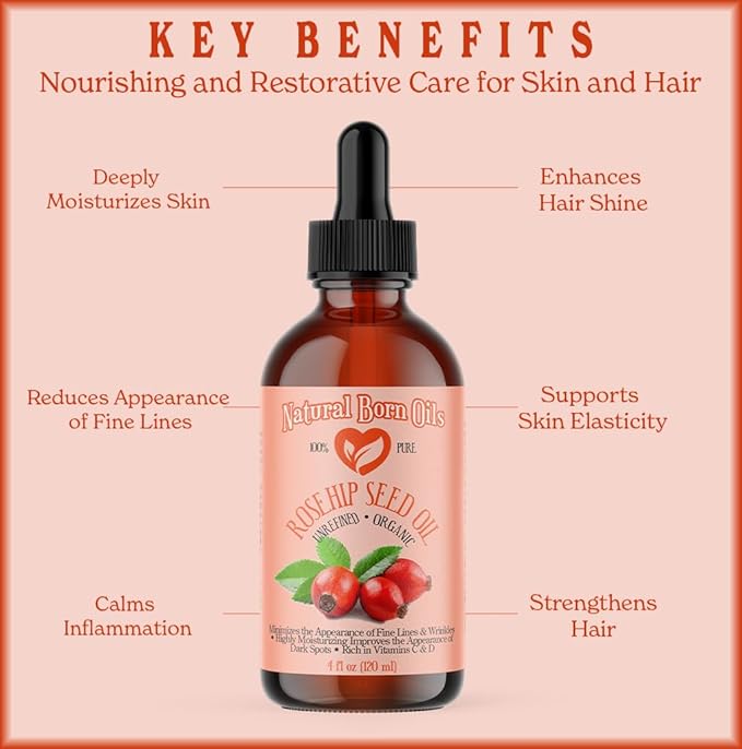 Natural Born Oils Rosehip Seed Oil, 16oz, Organic, Cold-Pressed, Nutrient-Rich, Excellent for Radiant Skin, Lustrous Hair