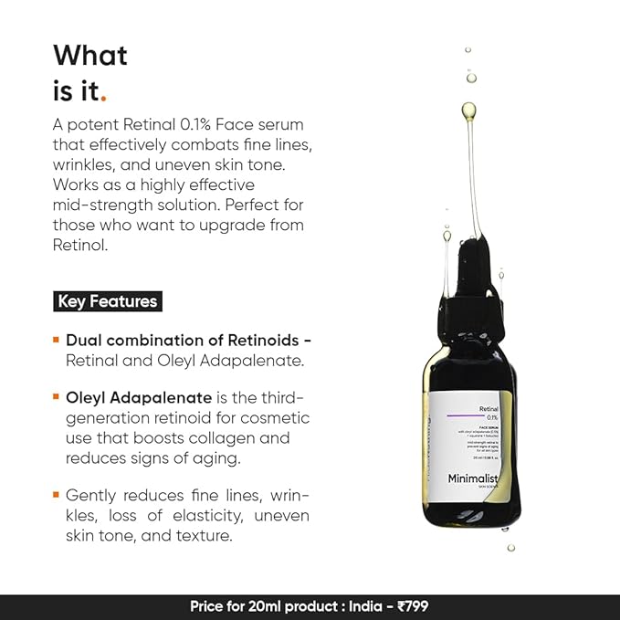 Minimalist Retinal 0.1% Face Serum | Enriched with Bakuchiol & Squalane | Reduces Fine Lines & Wrinkles | Anti-Aging & Hydrating Formula | For All Skin Types | 0.68 Fl Oz/ 20 ml