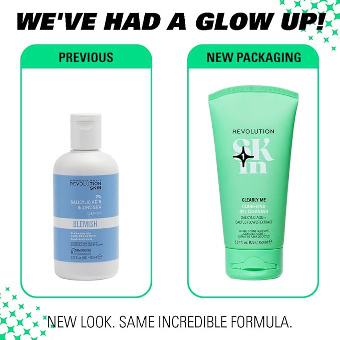 Revolution Skin, Clearly Me 2% Salicylic Acid Clarifying Cleansing Gel, Hydrating Face Wash for Blemish-Prone & Oily Skin, Vegan & Cruelty-Free, 11.69 fl oz