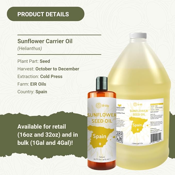 Nature Packaged Sunflower Carrier Oil (16oz) - Direct from EIR Oils' Farmland in the Sunny Fields of Spain - 100% Pure Carrier Oil for Hair, Face, and Skin
