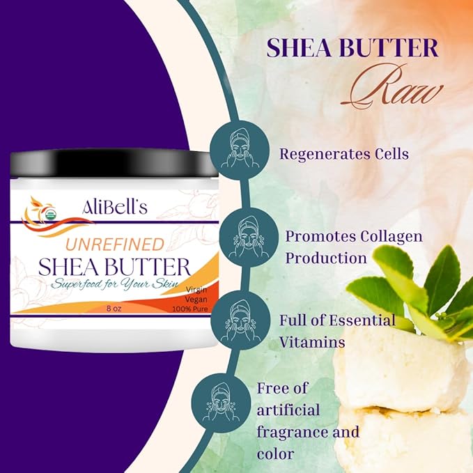 AliBell's Essentials - Shea Butter Cream - 8 oz Jar - Organic Shea Butter Raw Unrefined - Moisturizer for Dry Skin and Hair |Restores Skin Elasticity and Promotes Collagen Production